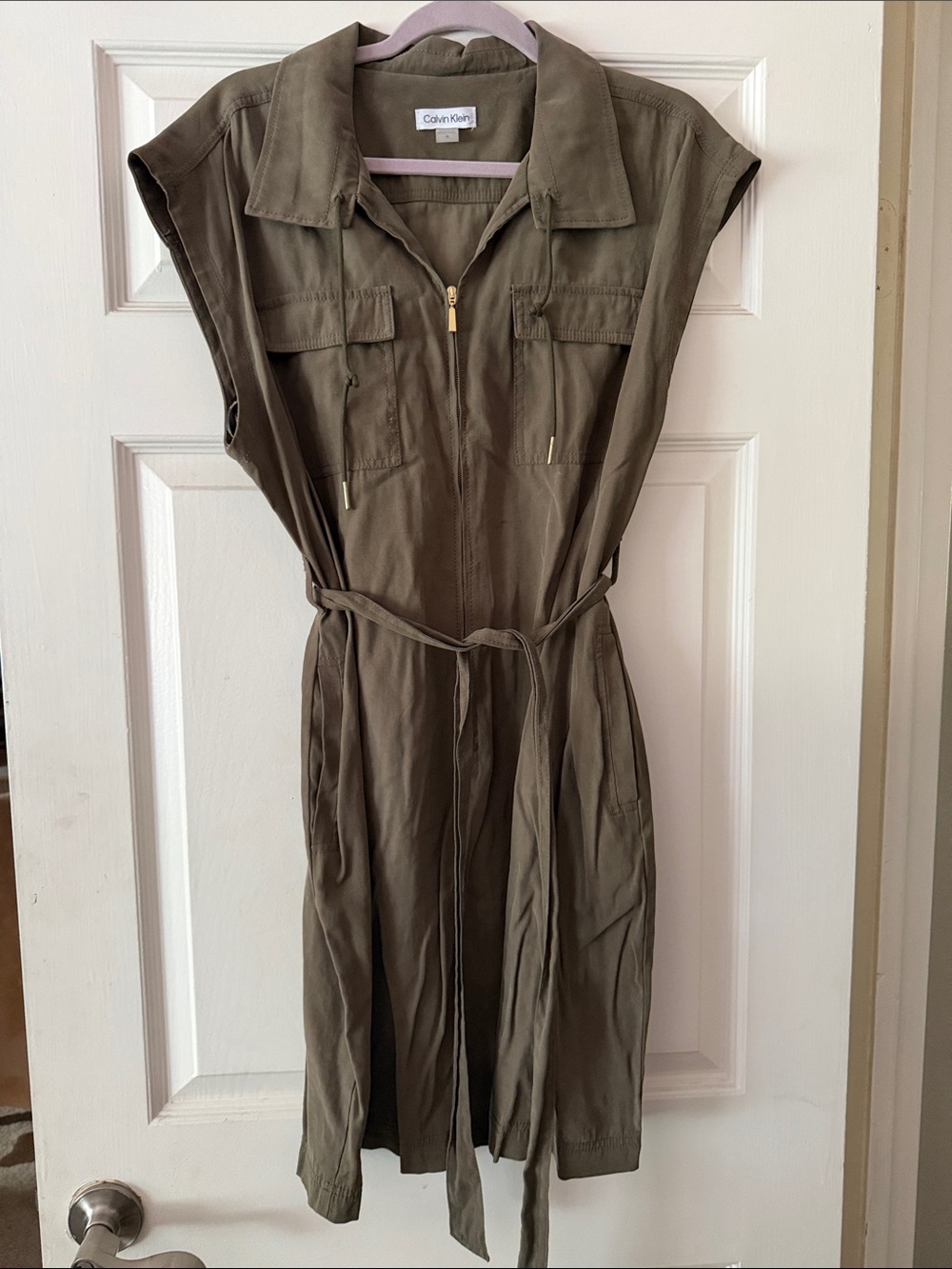 Calvin Klein Olive Green Utility Shirt Dress with Waist Tie